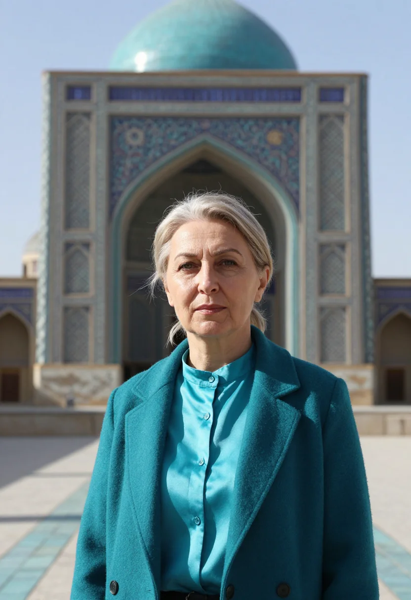 AI registan architect turquoise majolica sample — portrait of a woman, a Russian architect in her early fiftie