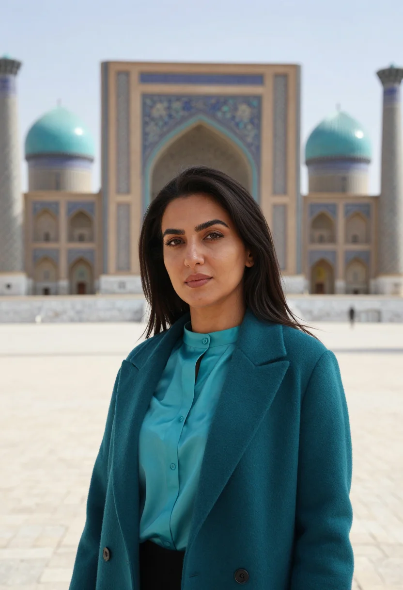 AI registan architect turquoise majolica sample — portrait of a woman, an Uzbek architect in her late twenties