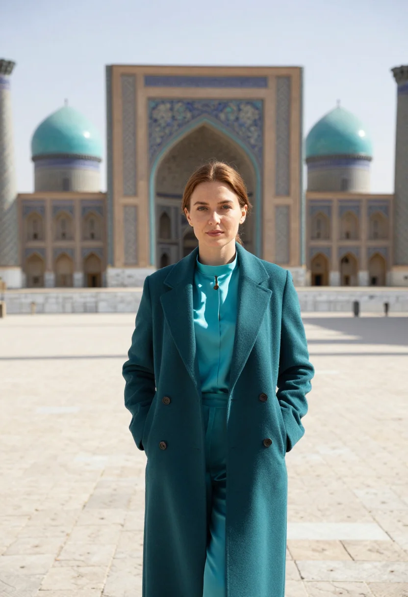 AI registan architect turquoise majolica sample — portrait of a woman, a Western European architect in her ear