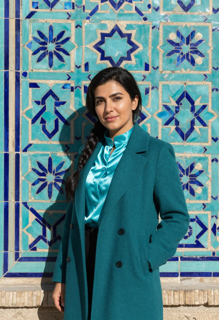 AI registan architect turquoise majolica sample — portrait of a woman, a Tajik architect in her early thirties