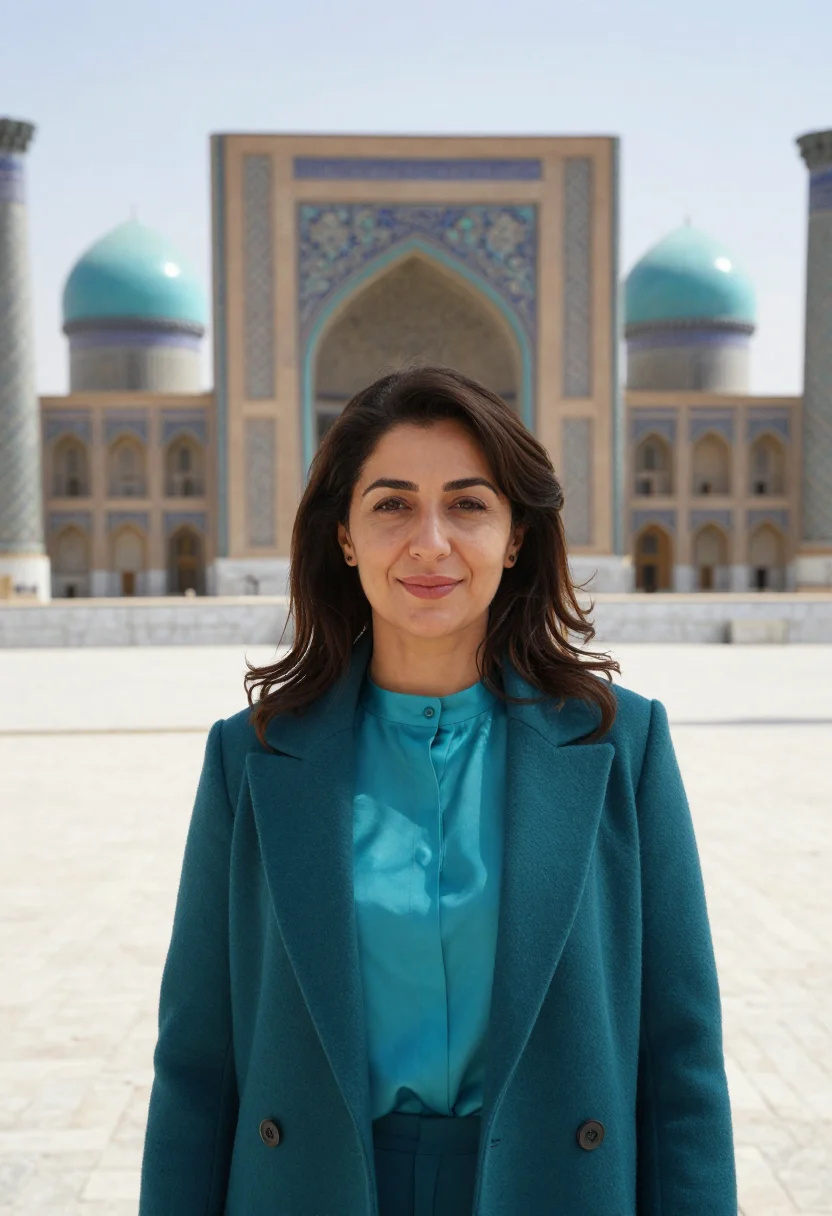 AI registan architect turquoise majolica sample — portrait of a woman, an Iranian architect in her mid-forties