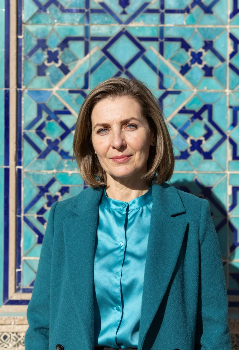 AI registan architect turquoise majolica sample — portrait of a woman, a Western European architect in her mid