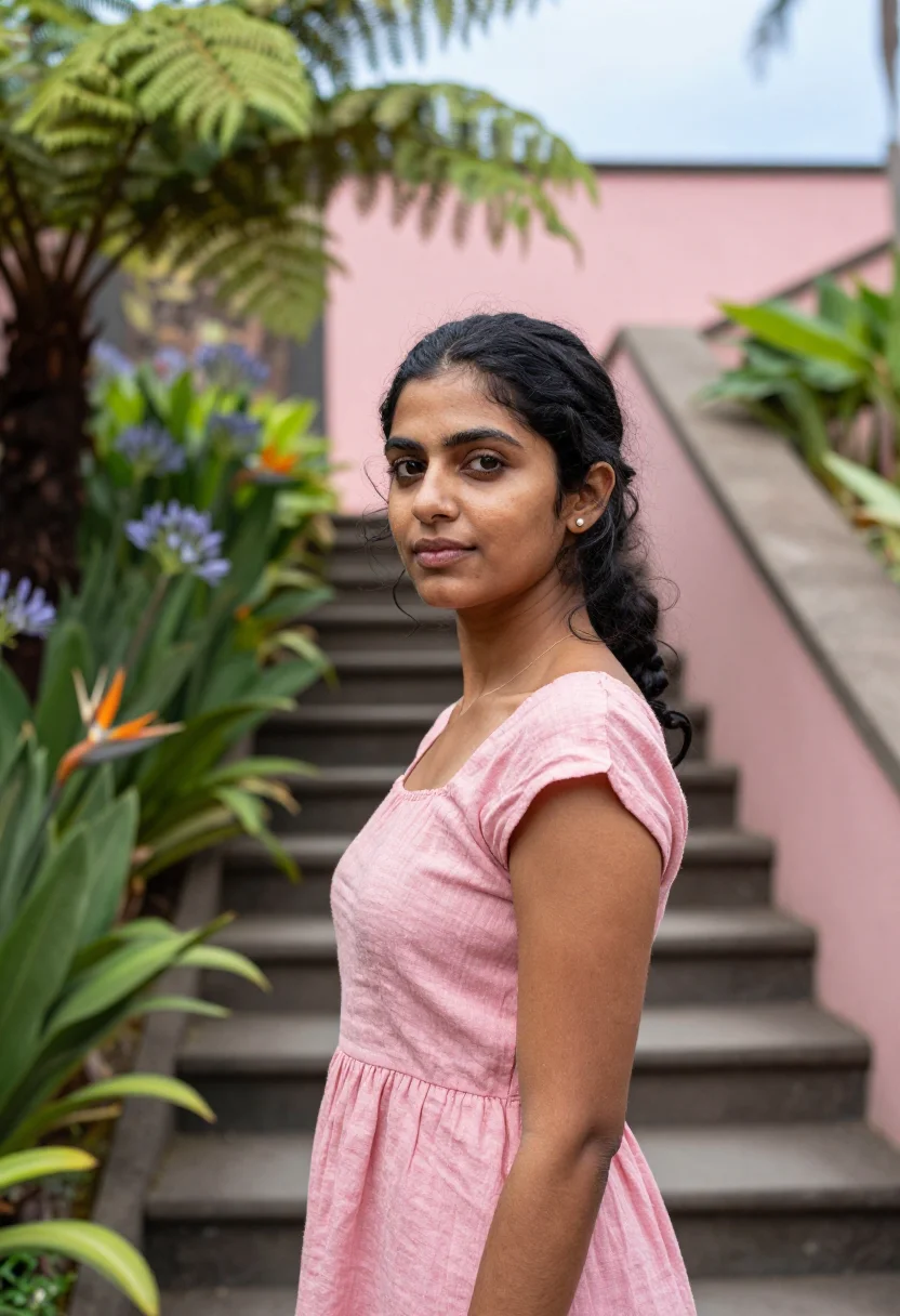 AI reids palace madeira cliff tea terrace sample — portrait of a woman, a guest in her early thirties of Indian