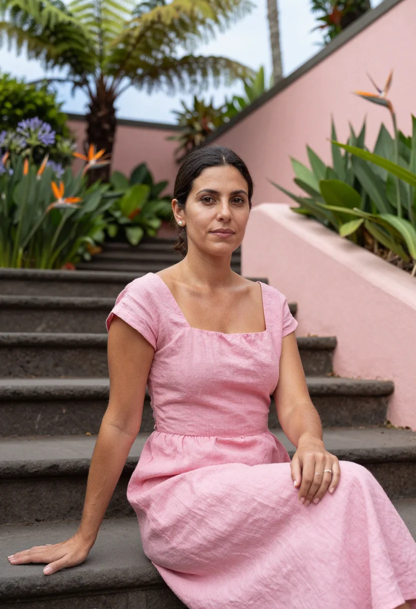 AI reids palace madeira cliff tea terrace sample — portrait of a woman, a guest in her late thirties of Spanish