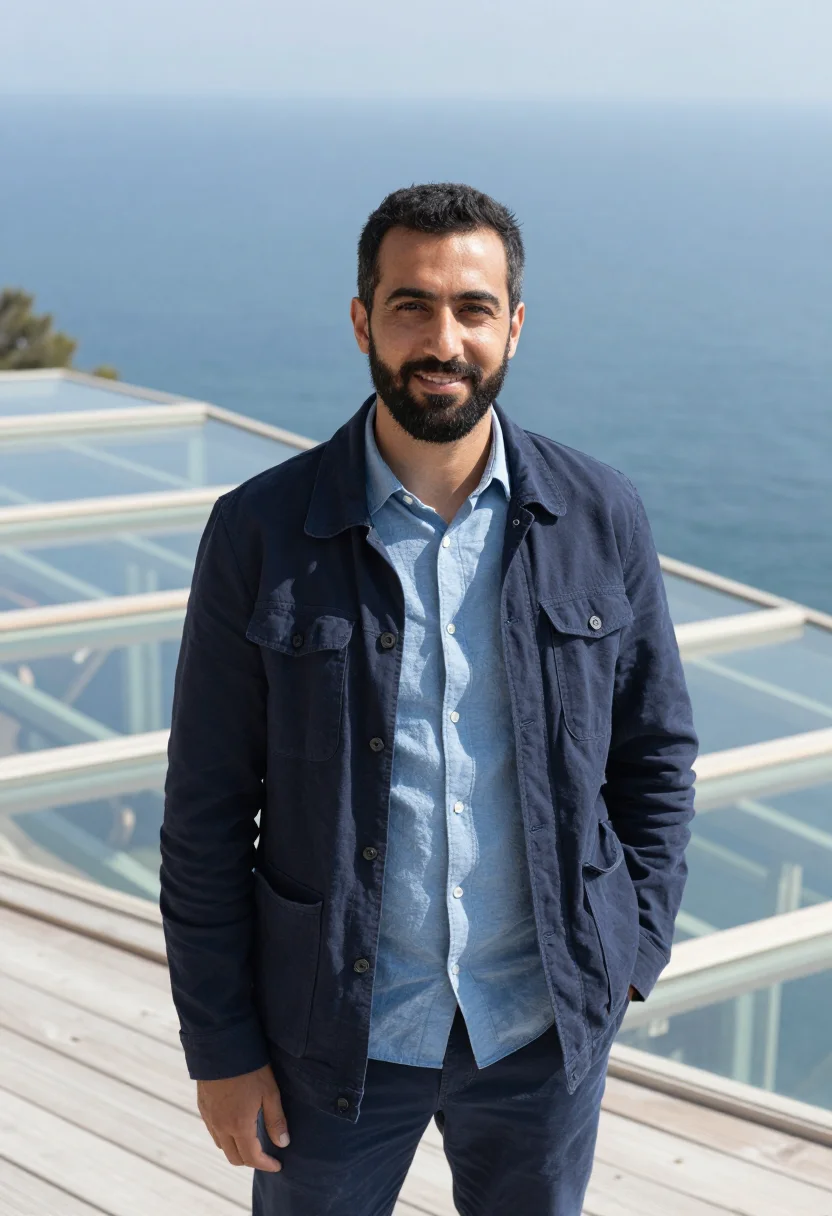 AI renzo piano genoa punta nave may glass sea sample — portrait of a man, a Lebanese architect in his late thirties