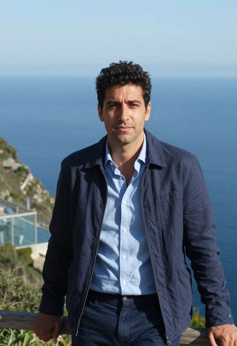 AI renzo piano genoa punta nave may glass sea sample — portrait of a man, a Spanish architect in his early forties