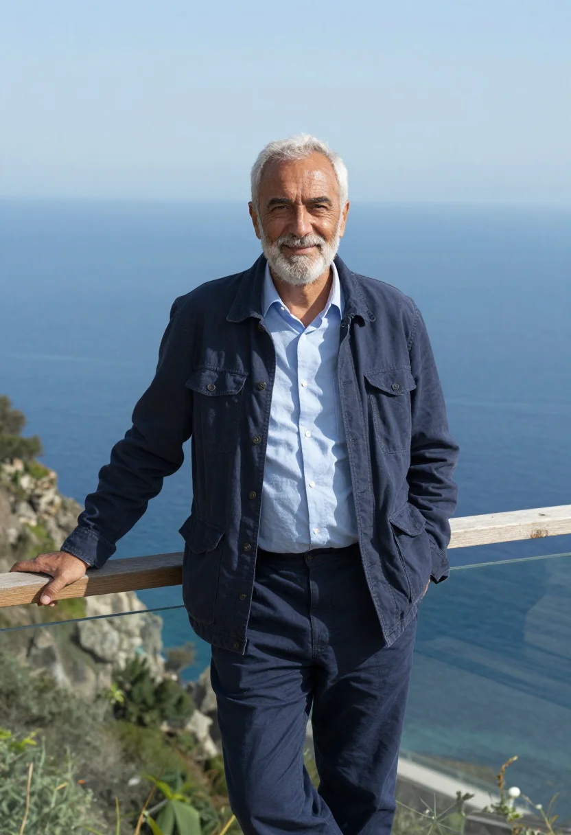 AI renzo piano genoa punta nave may glass sea sample — portrait of a man, a Genoese architect in his early sixties