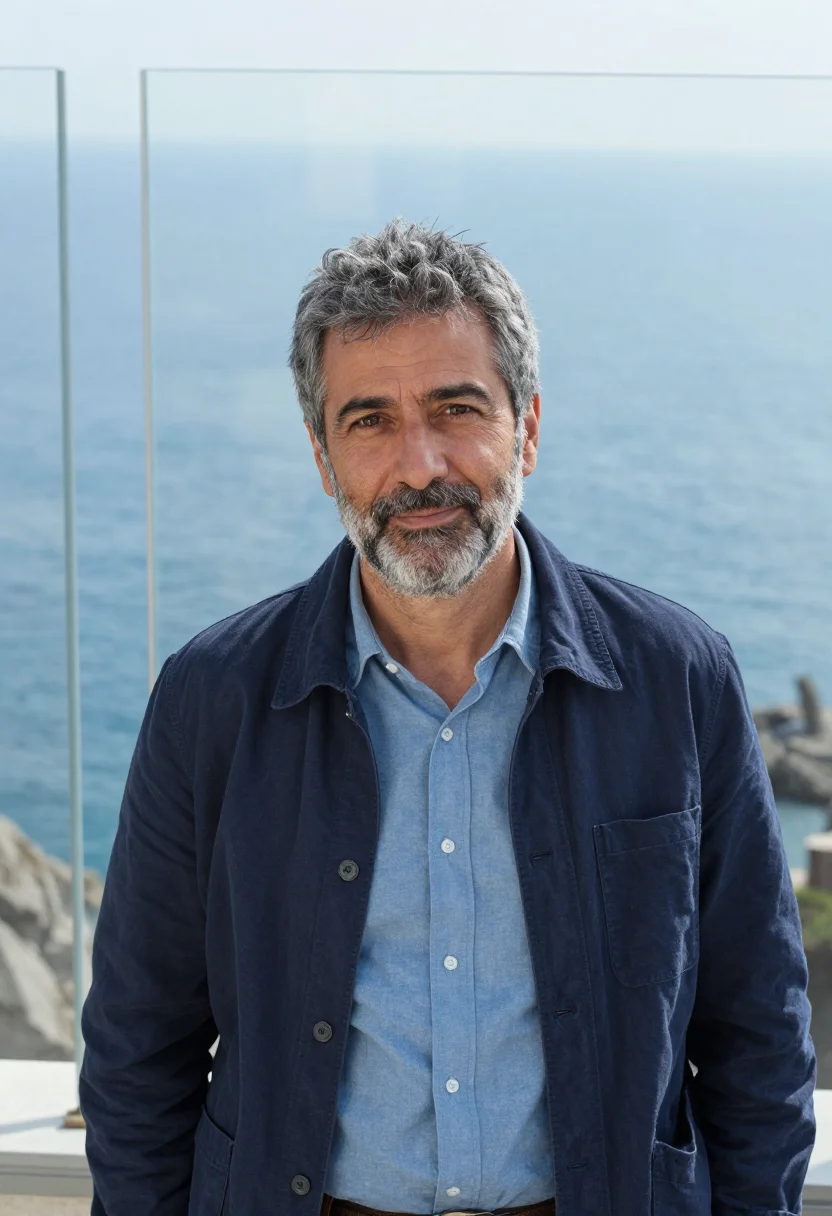 AI renzo piano genoa punta nave may glass sea sample — portrait of a man, an Italian architect in his early fifties