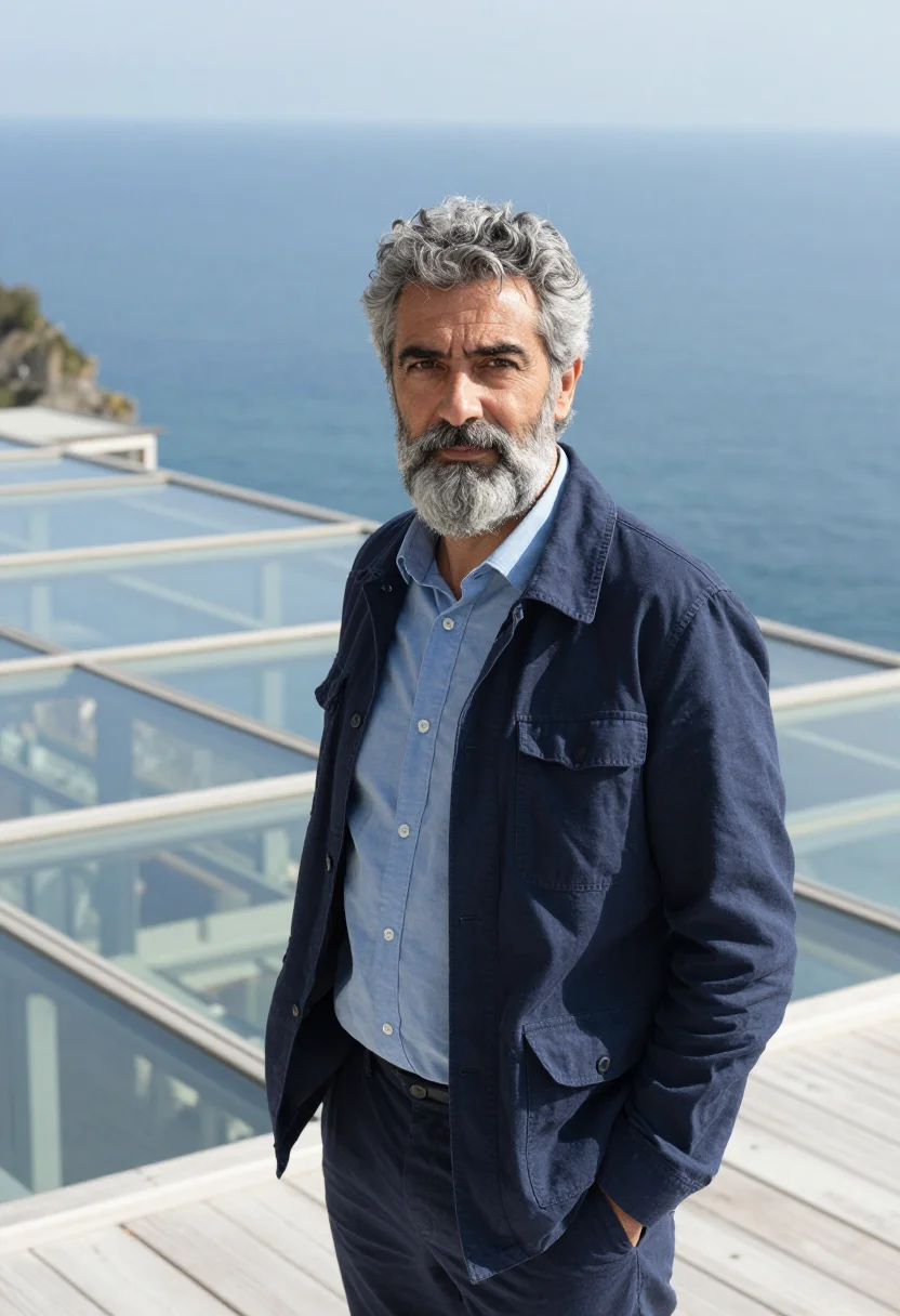 AI renzo piano genoa punta nave may glass sea sample — portrait of a man, a Greek architect in his mid-fifties with