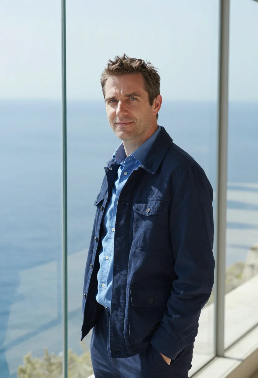 AI renzo piano genoa punta nave may glass sea sample — portrait of a man, a French architect in his mid-forties wit