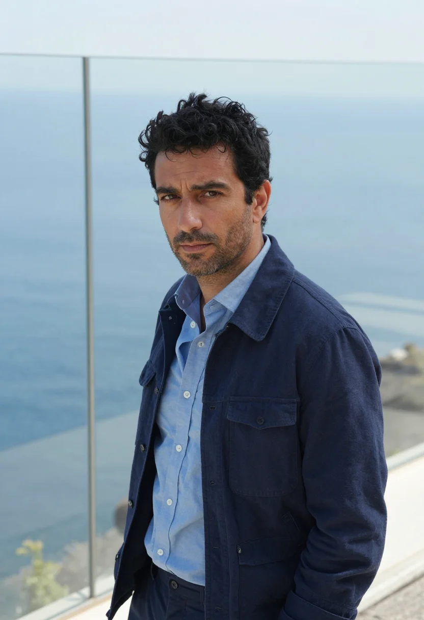 AI renzo piano genoa punta nave may glass sea sample — portrait of a man, a Sicilian architect in his late thirties
