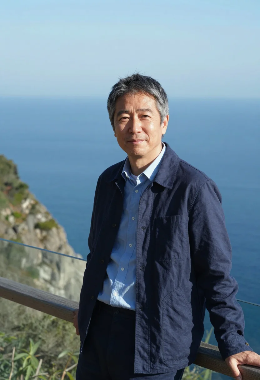 AI renzo piano genoa punta nave may glass sea sample — portrait of a man, a Japanese architect in his late forties