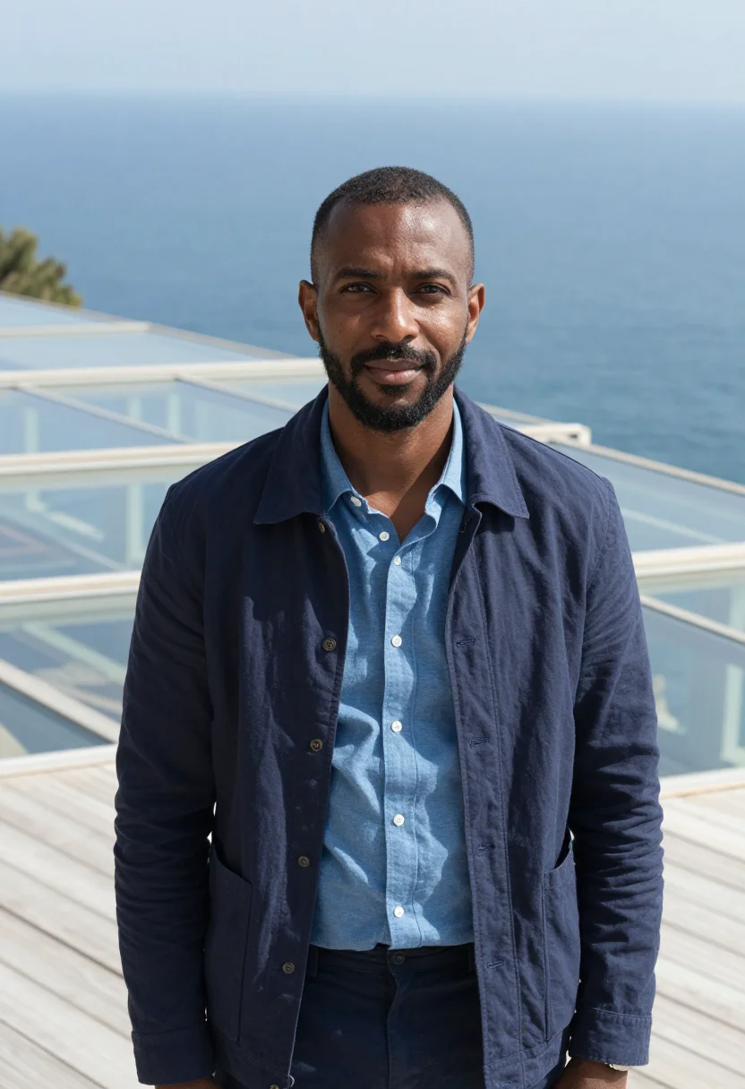 AI renzo piano genoa punta nave may glass sea sample — portrait of a man, a Senegalese-Italian architect in his ear