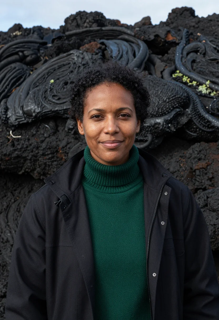 AI reunion volcanologist piton black green sample — portrait of a woman, a Réunion Creole volcanologist in her l