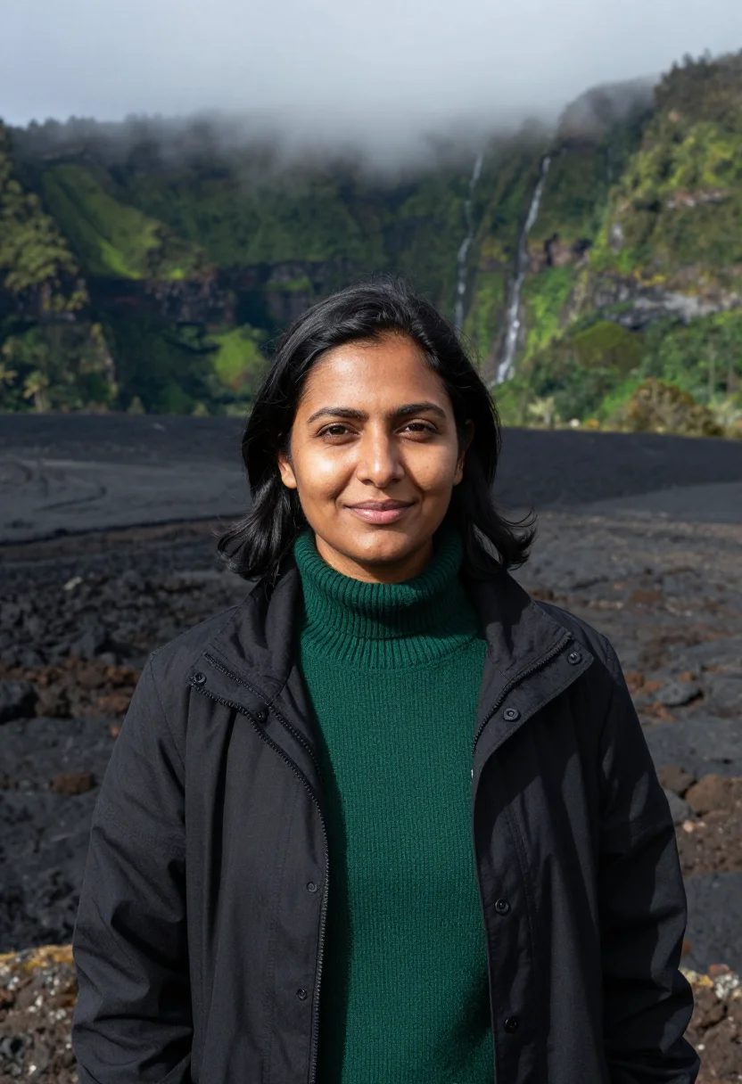 AI reunion volcanologist piton black green sample — portrait of a woman, a Réunionnaise volcanologist of Gujarat