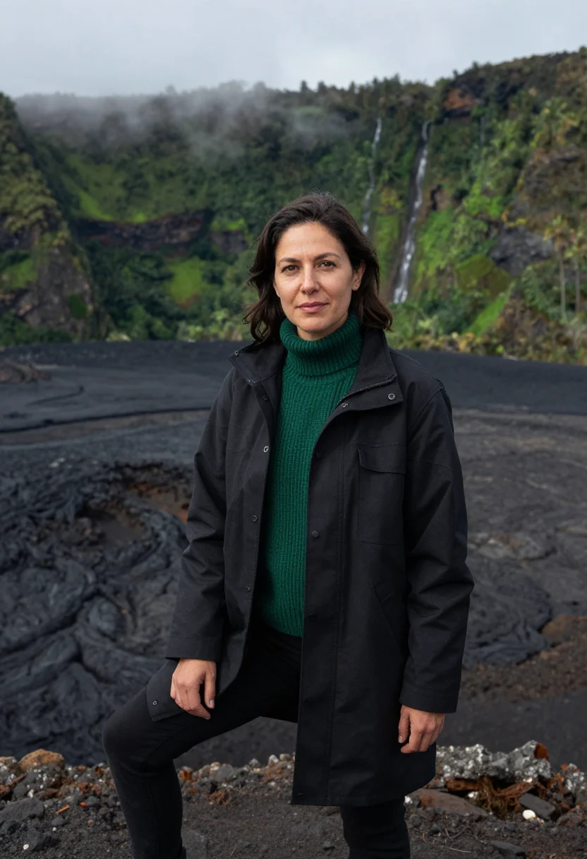 AI reunion volcanologist piton black green sample — portrait of a woman, an Italian volcanologist in her late th