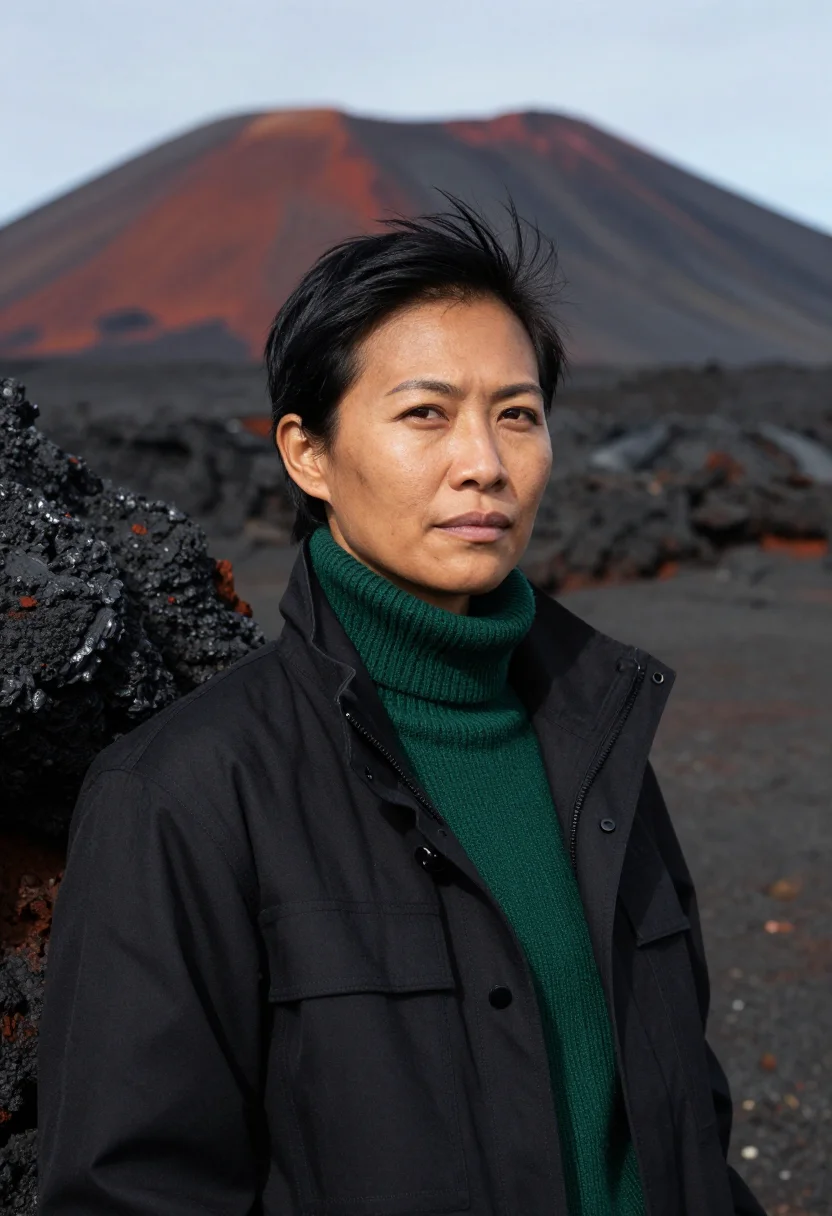 AI reunion volcanologist piton black green sample — portrait of a woman, a Réunionnaise volcanologist of Chinese