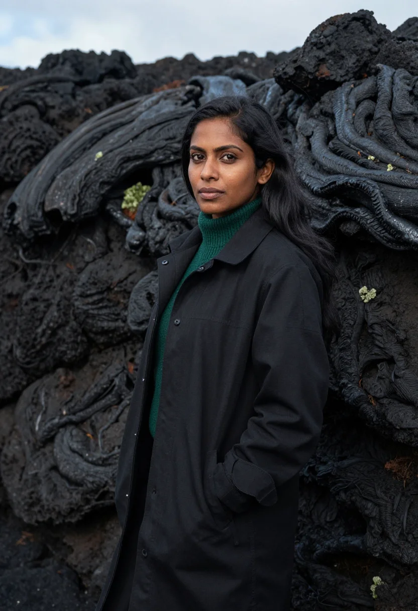AI reunion volcanologist piton black green sample — portrait of a woman, a Réunionnaise volcanologist of Tamil d