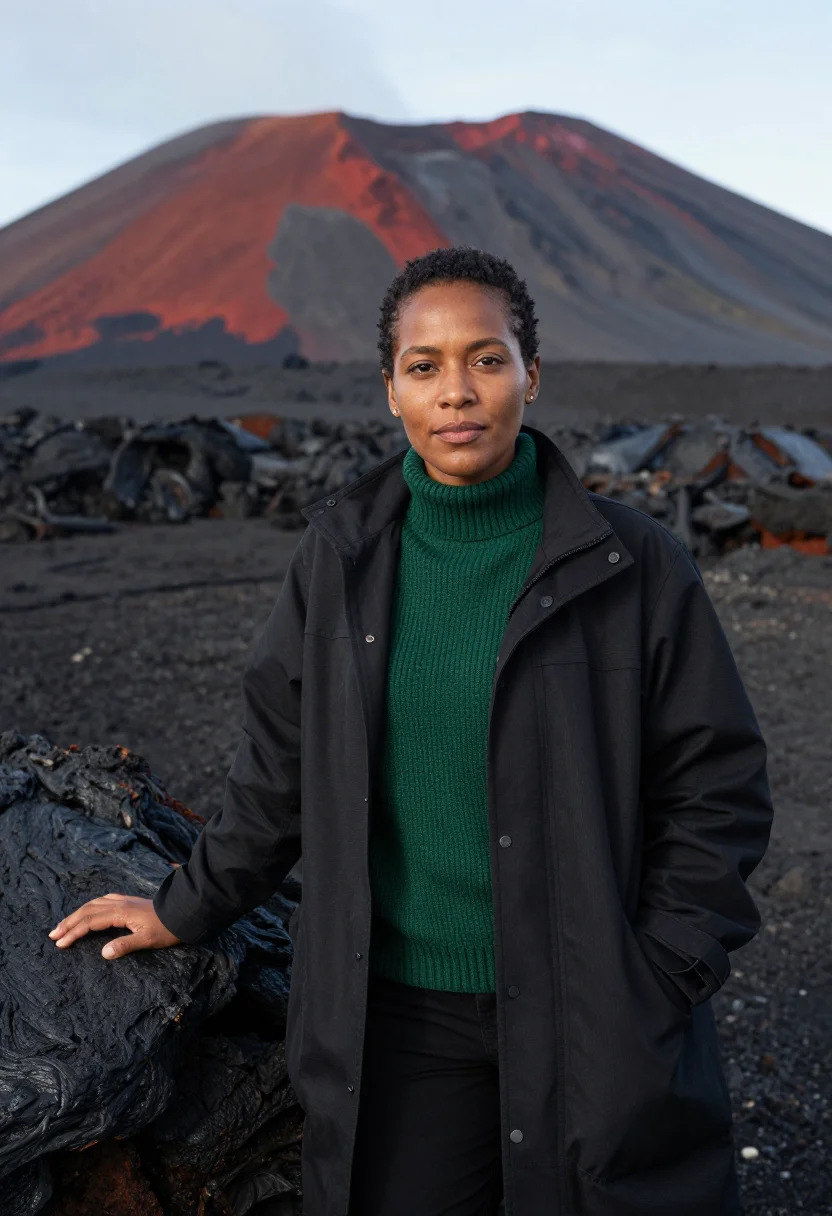 AI reunion volcanologist piton black green sample — portrait of a woman, a Réunion Creole volcanologist in her e