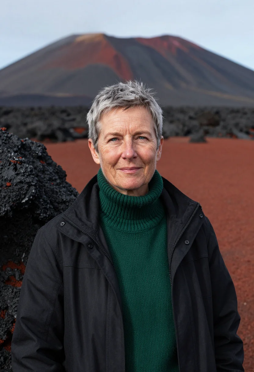 AI reunion volcanologist piton black green sample — portrait of a woman, a French volcanologist in her mid-fifti