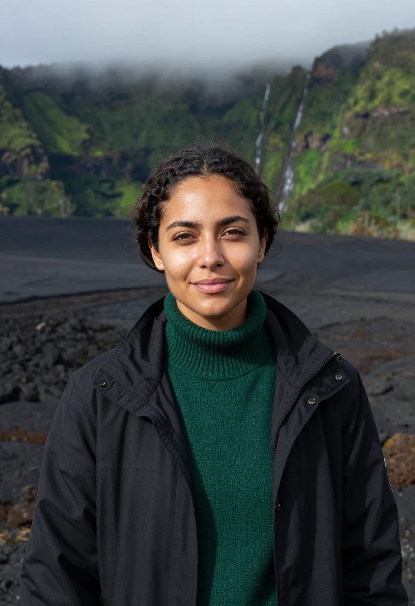 AI reunion volcanologist piton black green sample — portrait of a woman, a Réunionnaise volcanologist of mixed F