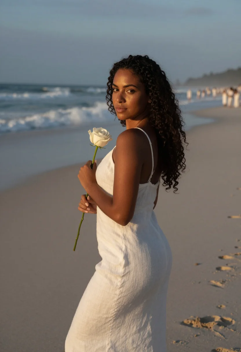 AI reveillon copacabana white sample — portrait of a woman, framed chest-up, the body close to the
