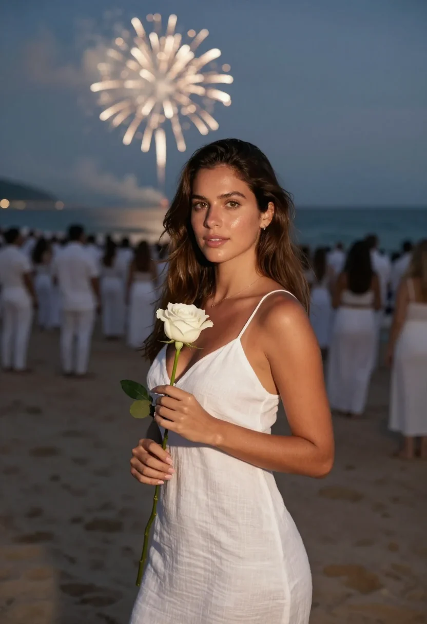 AI reveillon copacabana white sample — portrait of a woman, framed chest-up, the body close to the