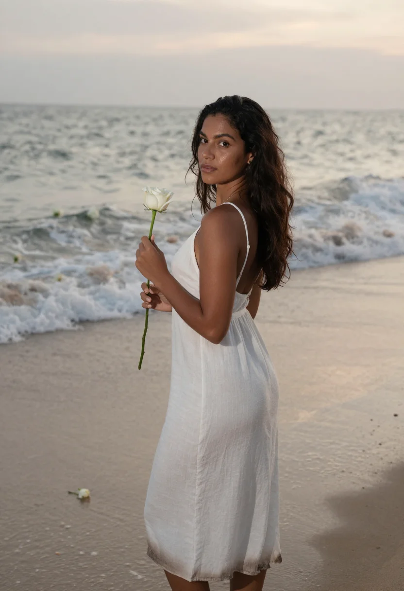 AI reveillon copacabana white sample — portrait of a woman, framed chest-up, the body close to the
