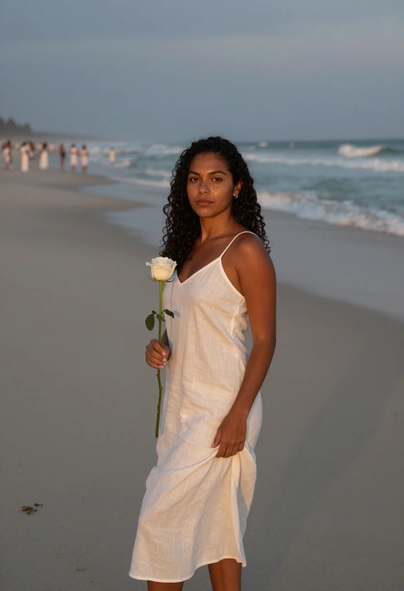 AI reveillon copacabana white sample — portrait of a woman, framed full-length, the figure standing