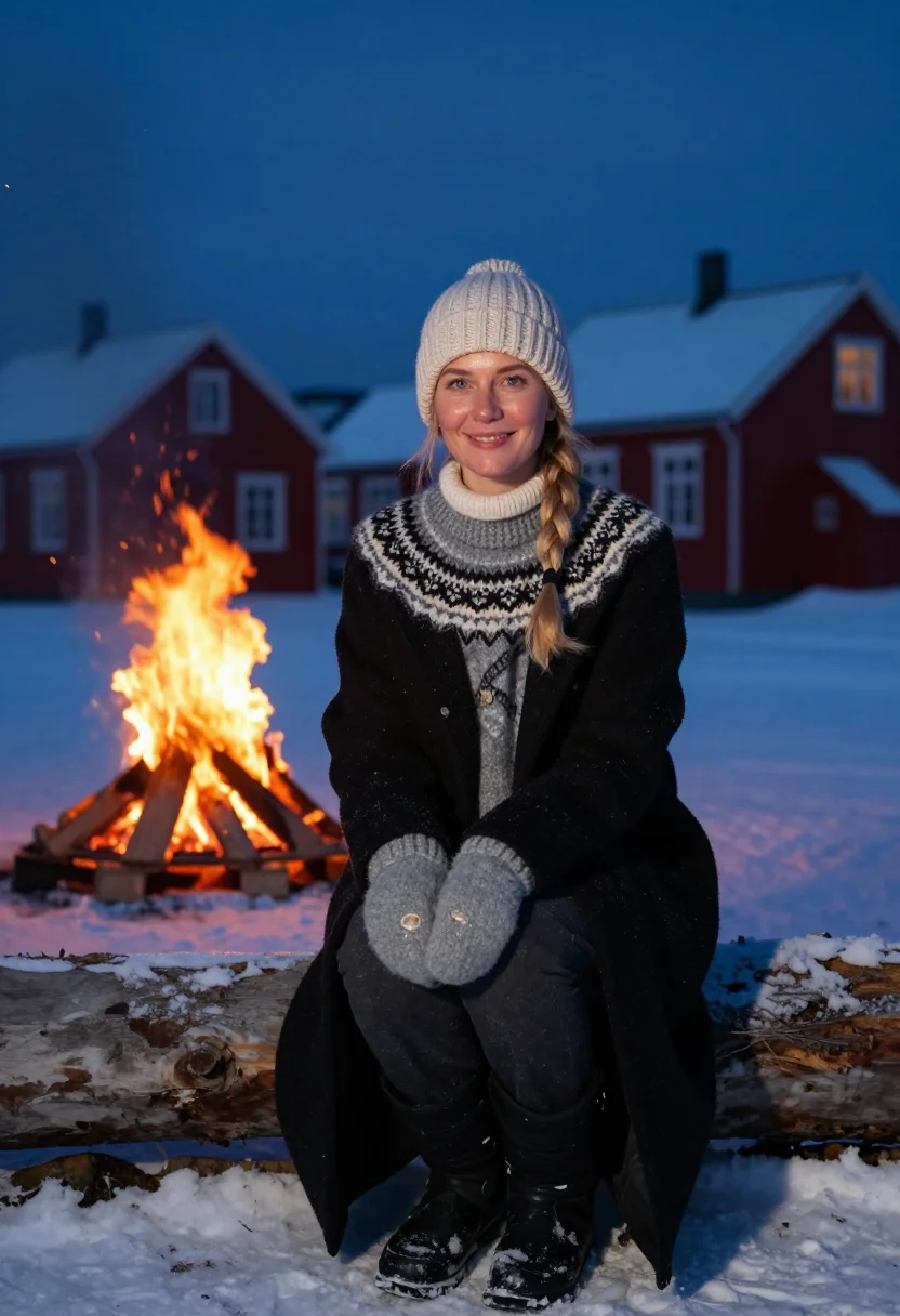 AI reykjavik bonfires sample — portrait of a woman, three-quarter-length seated portrait of