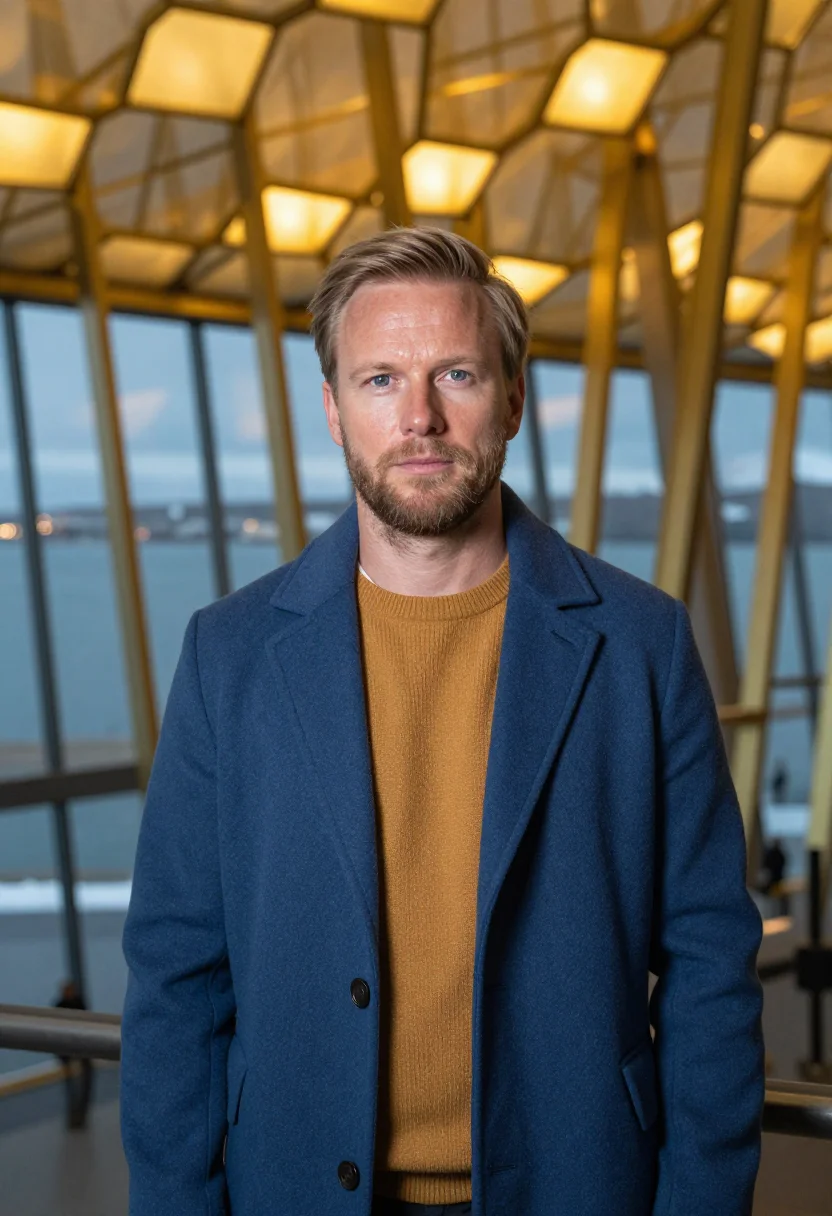 AI reykjavik harpa honey glass sample — portrait of a man, framed tight, head and shoulders, the bod