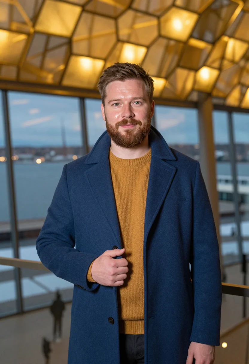AI reykjavik harpa honey glass sample — portrait of a man, framed chest-up to the ribs, the body clo