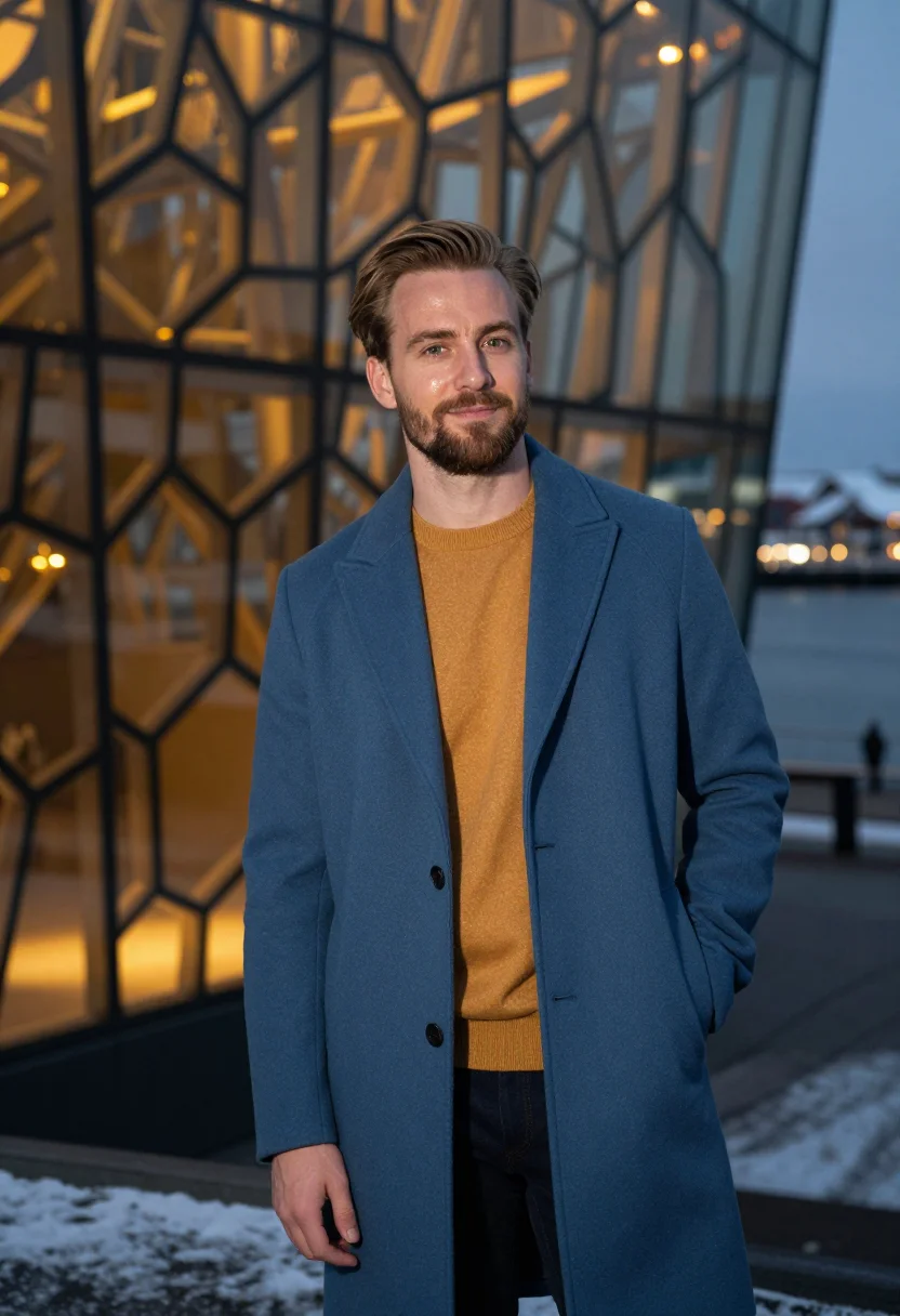 AI reykjavik harpa honey glass sample — portrait of a man, framed half-length from the head to the h