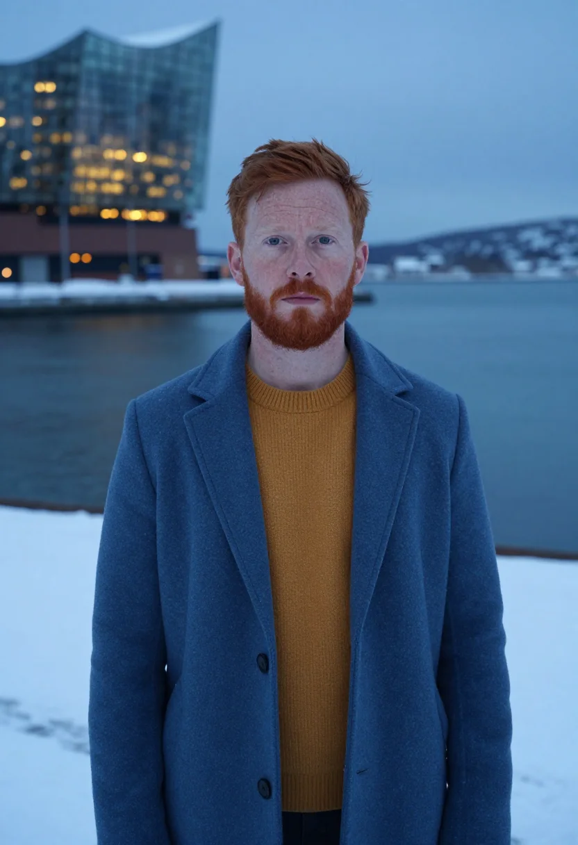 AI reykjavik harpa honey glass sample — portrait of a man, framed tight, head and shoulders, the bod