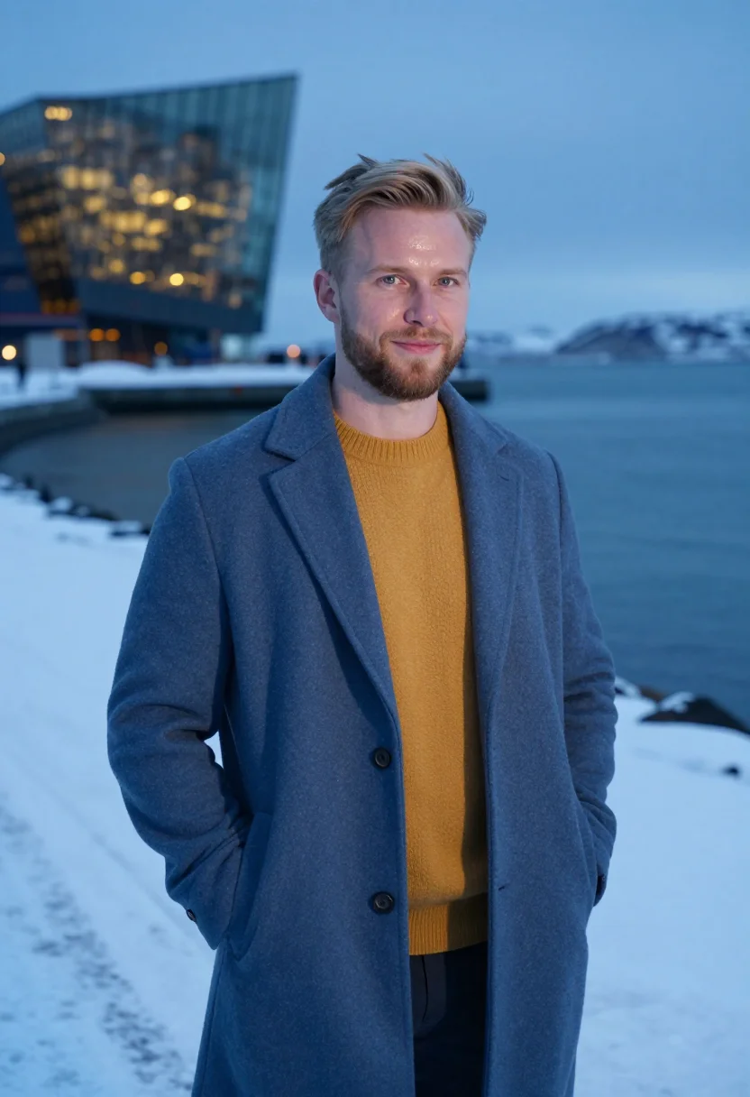 AI reykjavik harpa honey glass sample — portrait of a man, framed chest-up to the ribs, the body clo