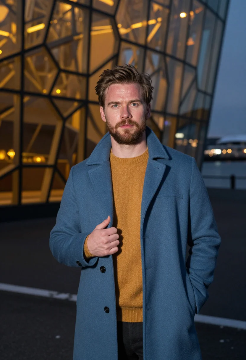 AI reykjavik harpa honey glass sample — portrait of a man, framed chest-up to the ribs, the body clo