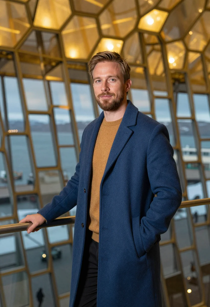 AI reykjavik harpa honey glass sample — portrait of a man, framed half-length from the head to the h