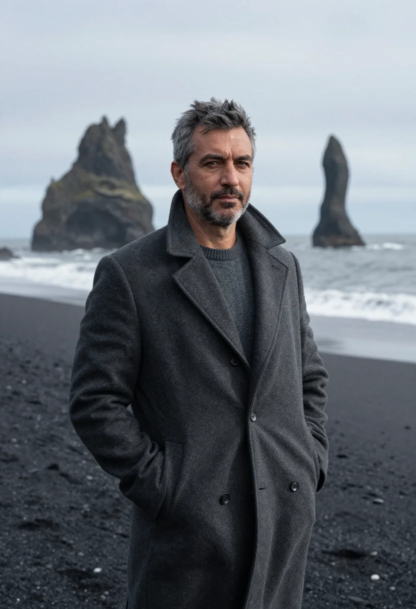 AI reynisfjara black sand spring grey sample — portrait of a man, of Italian descent, in his mid-fifties, w