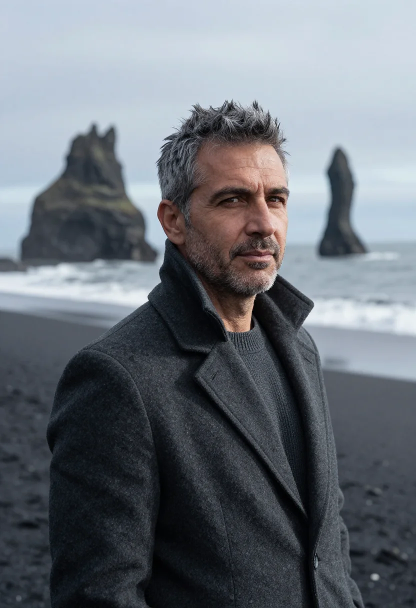 AI reynisfjara black sand spring grey sample — portrait of a man, of Italian descent, in his mid-fifties, w