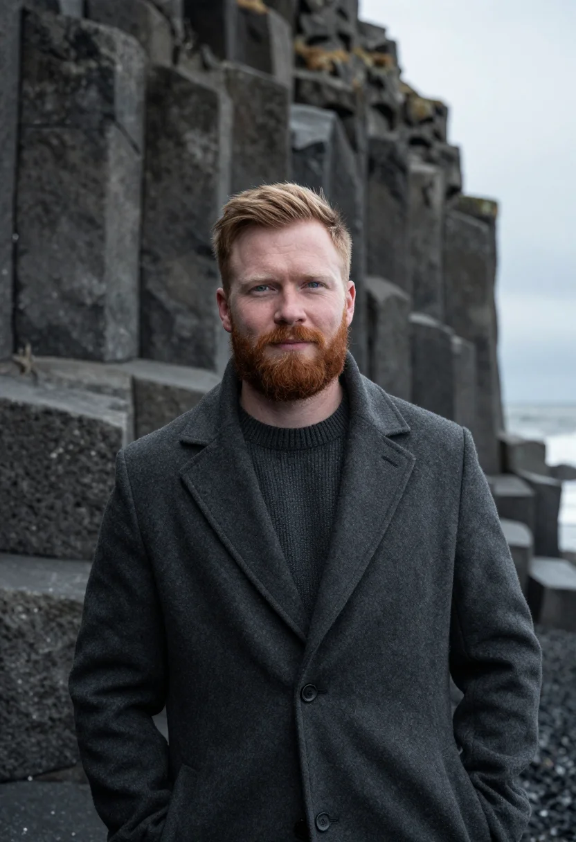 AI reynisfjara black sand spring grey sample — portrait of a man, of Icelandic descent, in his early thirti