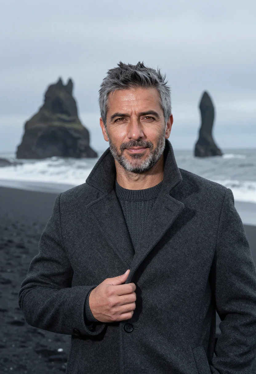 AI reynisfjara black sand spring grey sample — portrait of a man, of Italian descent, in his mid-fifties, w