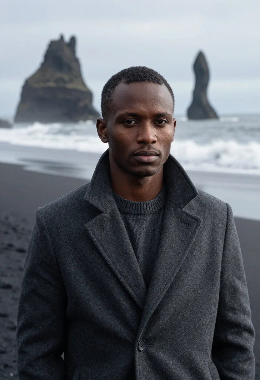 AI reynisfjara black sand spring grey sample — portrait of a man, of Ethiopian descent, in his late twentie