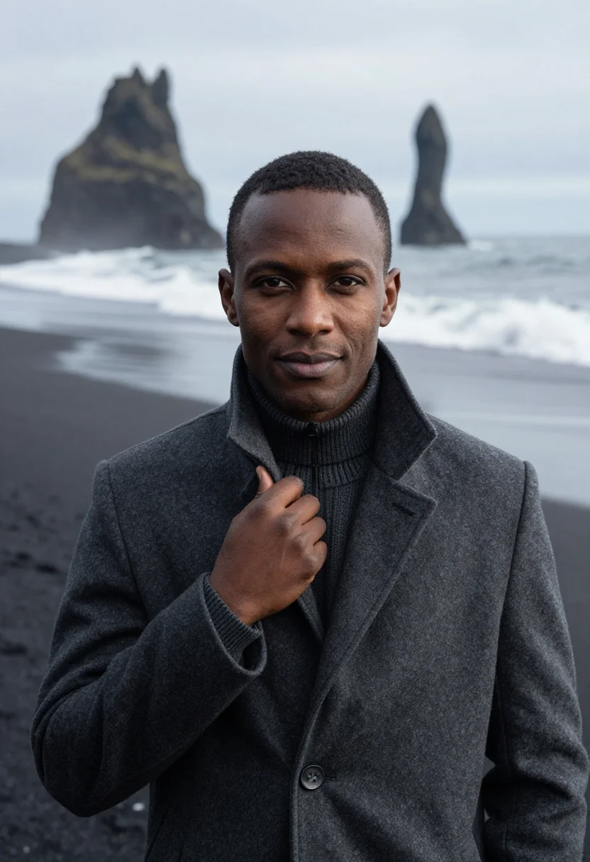 AI reynisfjara black sand spring grey sample — portrait of a man, of Ethiopian descent, in his late twentie