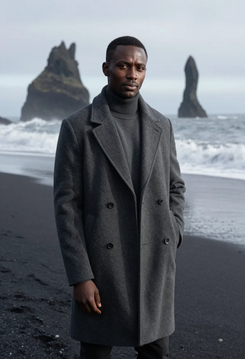 AI reynisfjara black sand spring grey sample — portrait of a man, of Ethiopian descent, in his late twentie