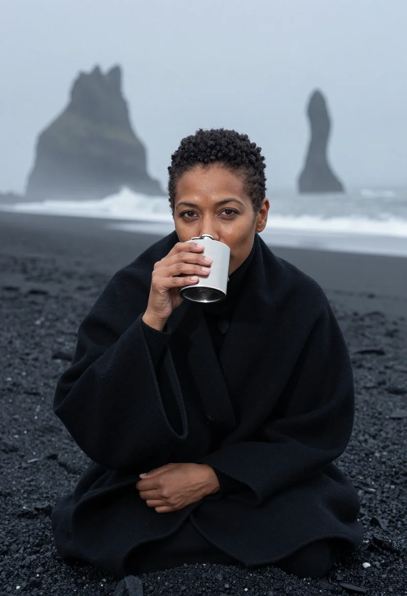 AI reynisfjara black sample — portrait of a woman, chest-up portrait of a woman in her for