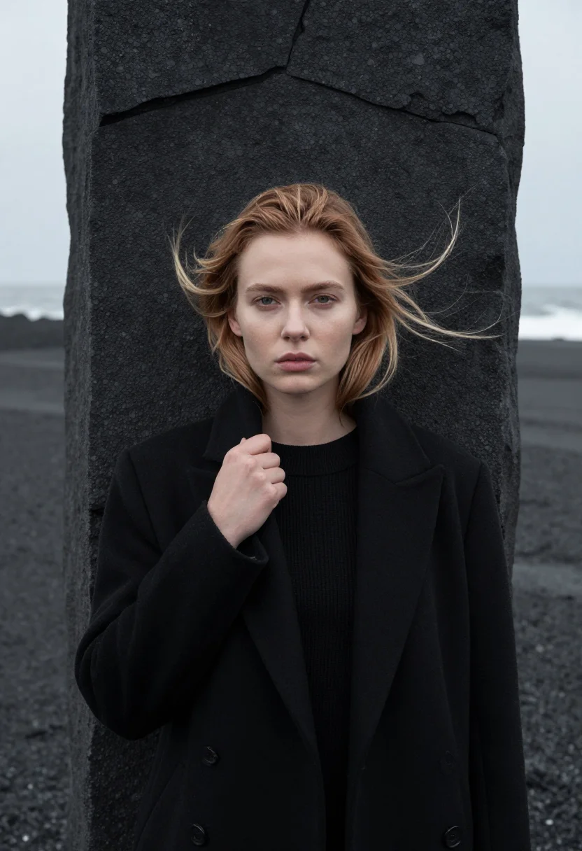 AI reynisfjara black sample — portrait of a woman, chest-up portrait of a woman in her mid