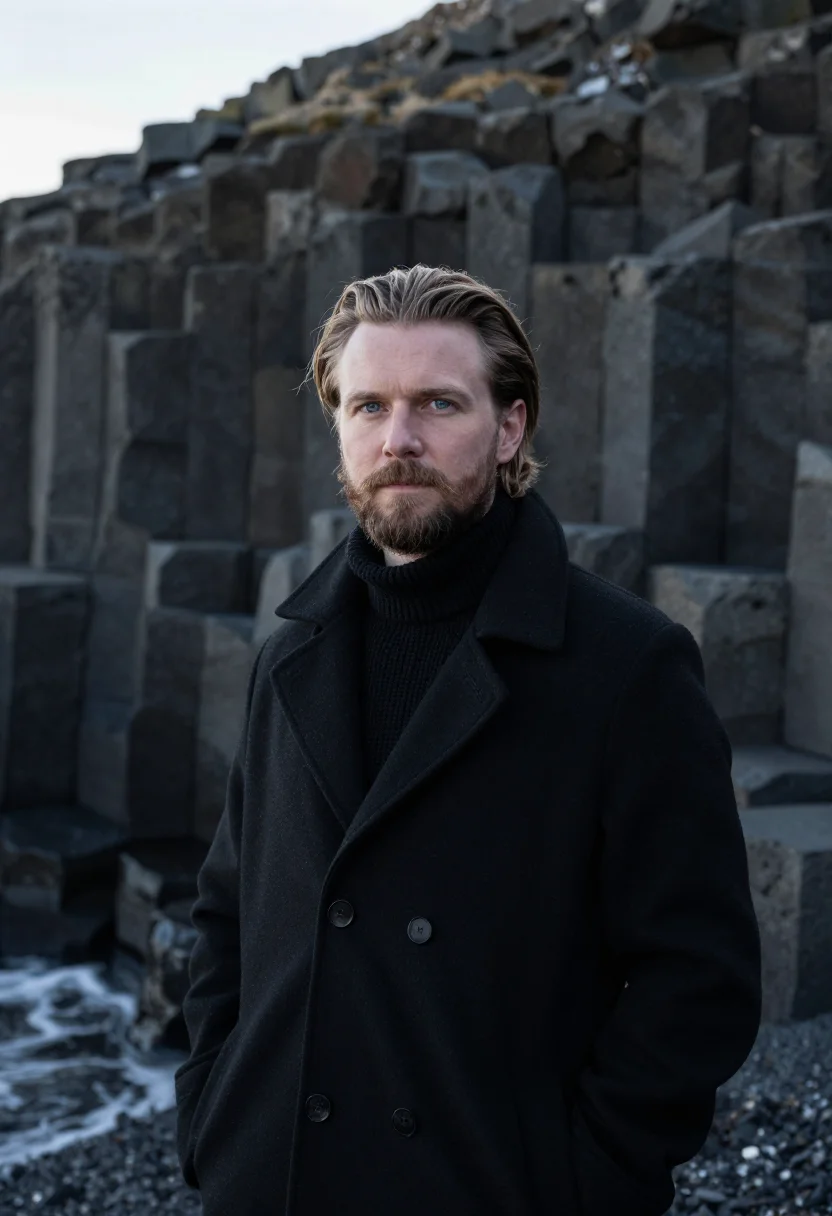 AI reynisfjara volcanologist basalt black sample — portrait of a man, a volcanologist in his mid-forties of Ice