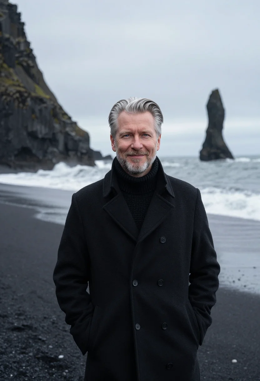 AI reynisfjara volcanologist basalt black sample — portrait of a man, a volcanologist in his fifties of Norwegi