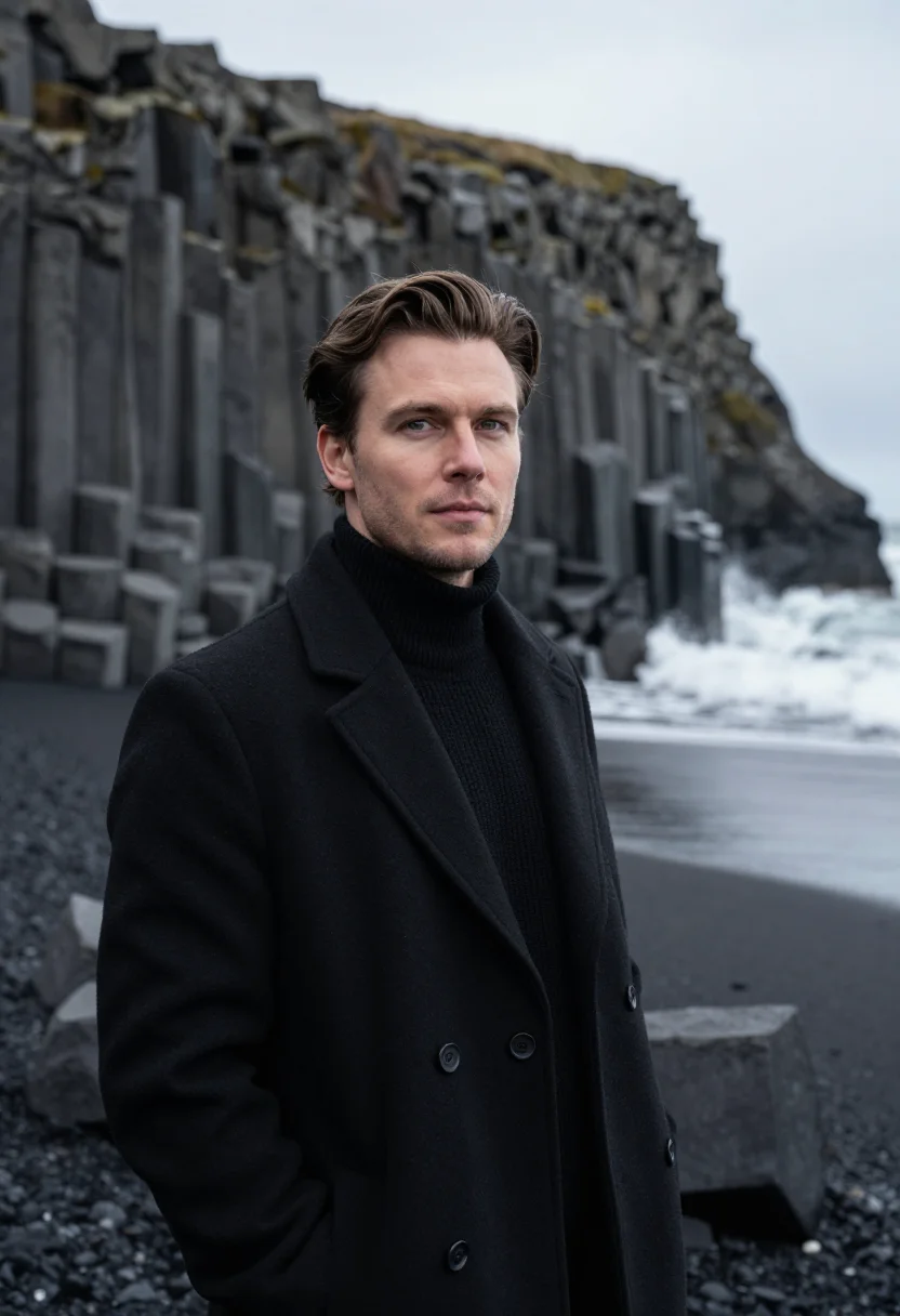 AI reynisfjara volcanologist basalt black sample — portrait of a man, a volcanologist in his thirties of Englis