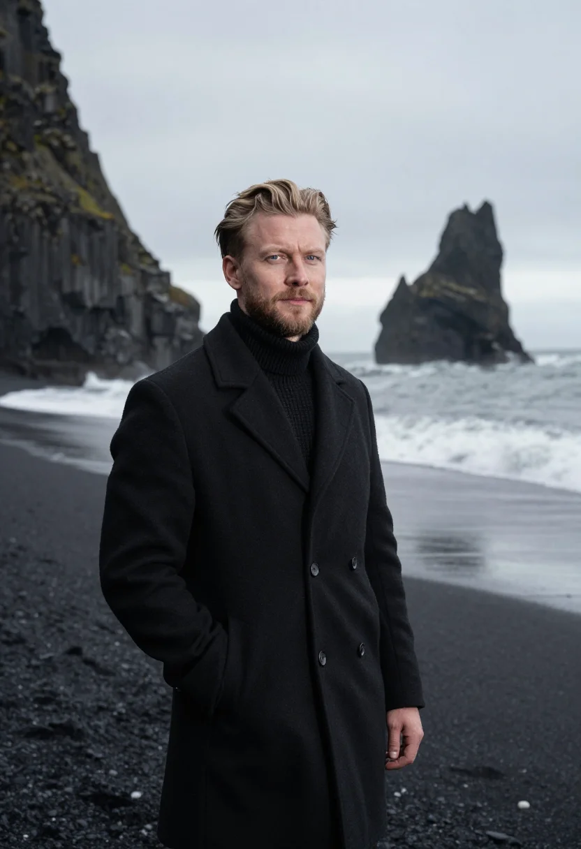 AI reynisfjara volcanologist basalt black sample — portrait of a man, a volcanologist in his thirties of Icelan